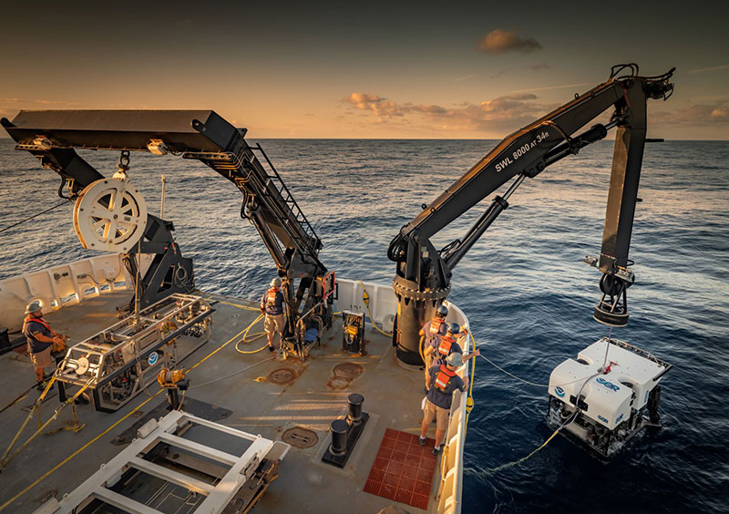 ROV Deep Discoverer is launched by the team of onboard engineers for Dive 02 of the 2019 Southeastern U.S. Deep-sea Exploration.