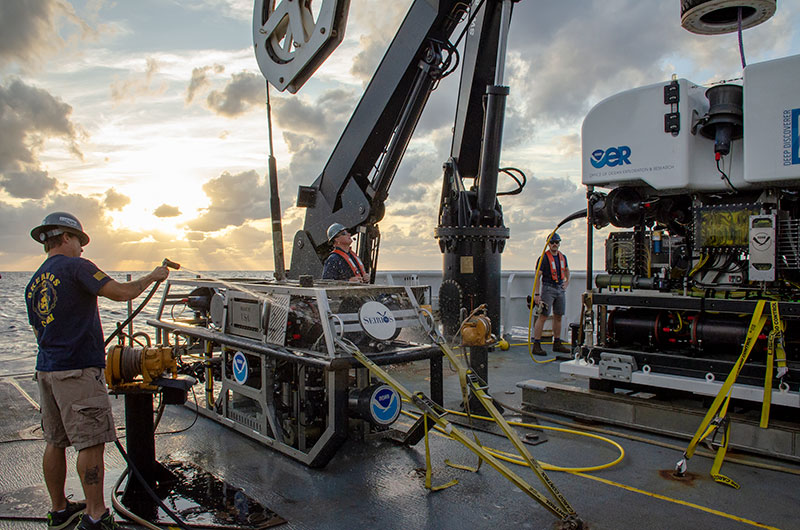 ROV Seirios gets a shower after a hard day’s work exploring the deep sea for Dive 03 of the 2019 Southeastern U.S. Deep-sea Exploration. Image courtesy of Lars Murphy, Global Foundation for Ocean Exploration, 2019 Southeastern U.S. Deep-sea Exploration.