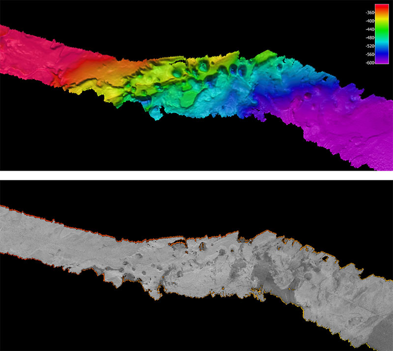 Mapping during the transit to the first dive site revealed interesting pockmarks shown in these images.