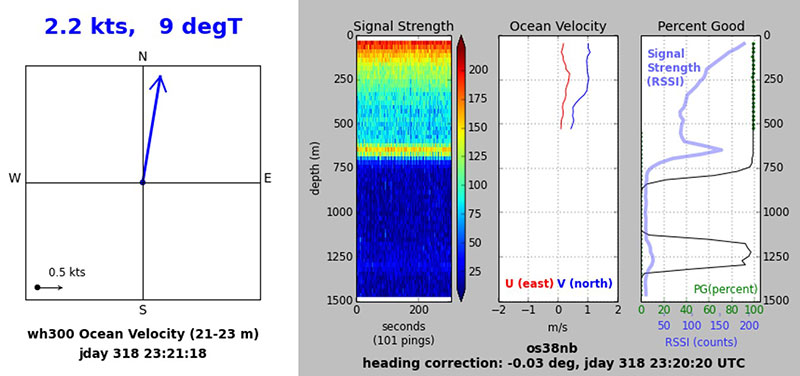 The conditions on November 14, 2019, were unfavorable for diving. The readings on that day from the acoustic Doppler current profiler show the surface current direction and magnitude (left) and the subsurface current profile throughout the water column (right).