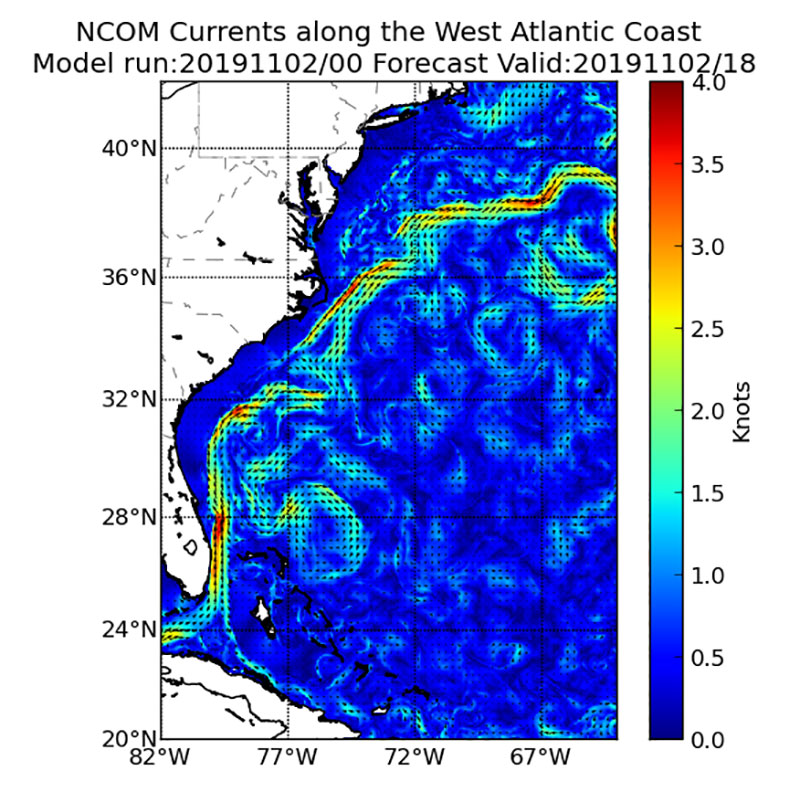 The Gulf Stream direction and magnitude is modeled by the U.S. Navy Coastal Ocean Model (NCOM), which is a high-resolution model that offers ocean current data at a 2 nautical mile (2.3 mile) resolution every 24 hours. The navigator, dive supervisor, and ship operators use this model output to very roughly estimate expected currents at each dive site.