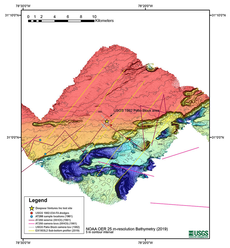 This map shows the Deep Sea Ventures site with bathymetry data from the NOAA Ship Okeanos Explorer 2019 Windows to the Deep expedition. This area was visited during the 2019 Southeastern U.S. Deep-sea Exploration.