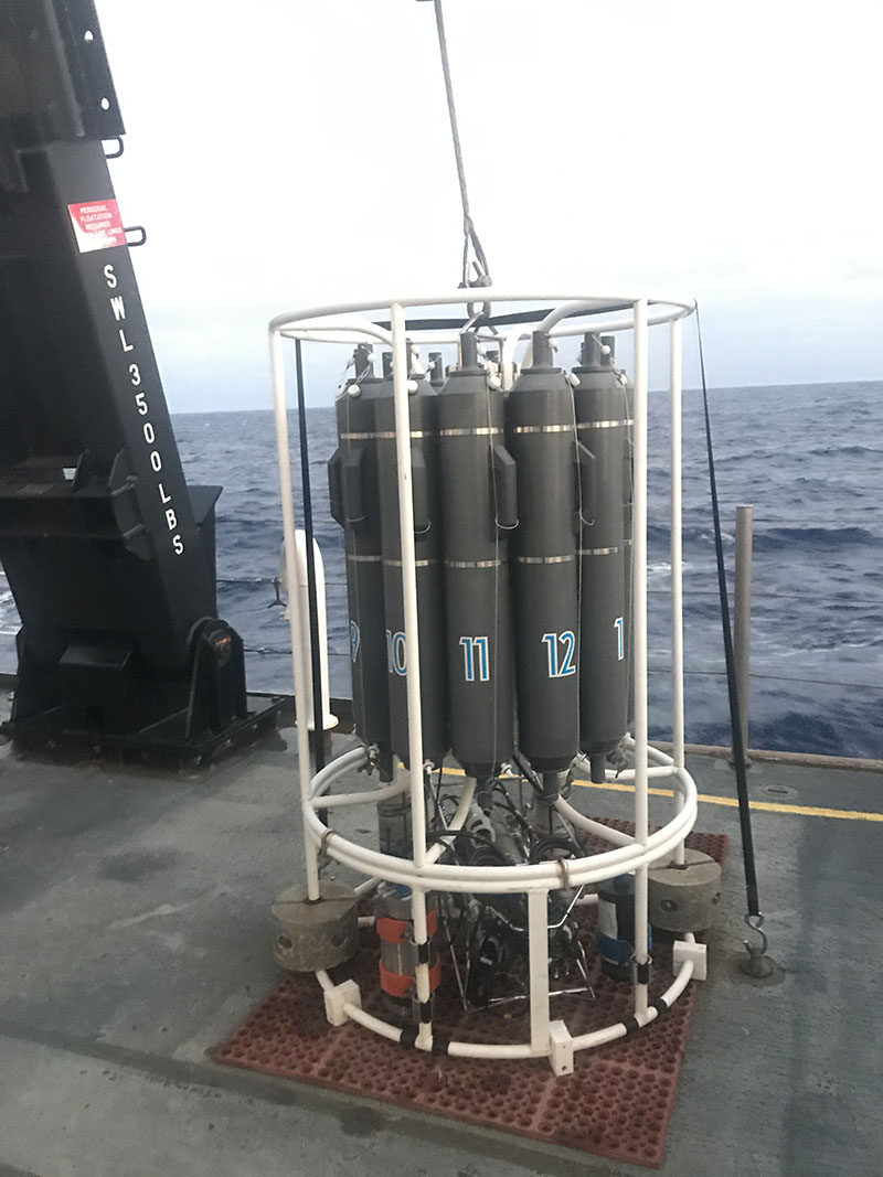 CTD rosette on NOAA Ship Okeanos Explorer, complete with CTD (bottom section) and 12 Niskin bottles (top section).