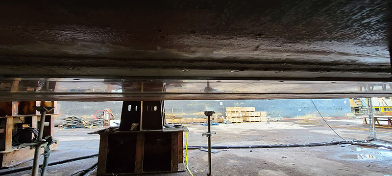 An image of the new EM 304 transducer on the underside of NOAA Ship Okeanos Explorer, looking alongships (across the vessel, side to side).