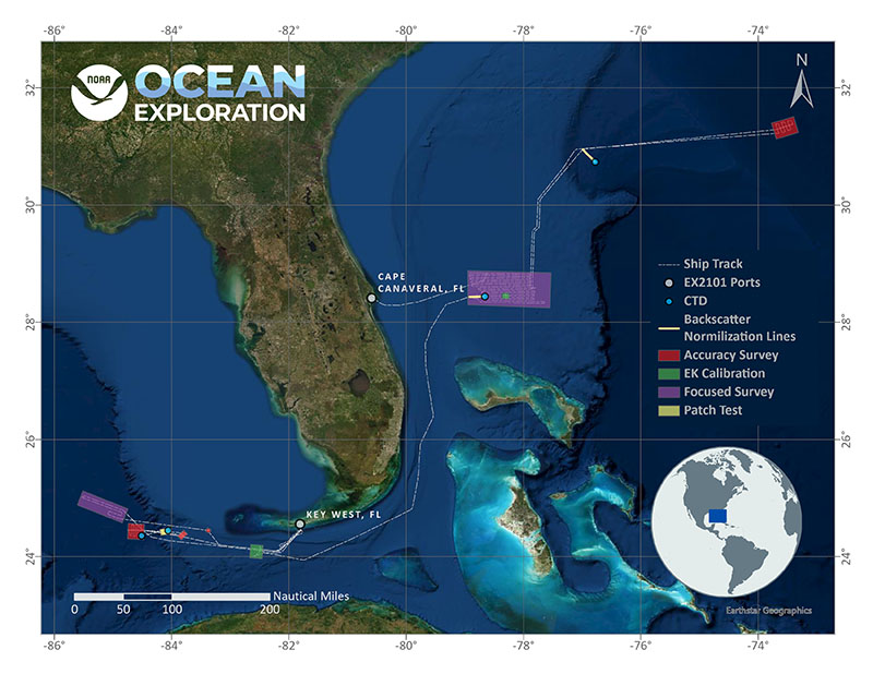 Summary map showing operations completed during the 2021 EM 304 Sea Acceptance Testing and Mapping Shakedown Exploration.