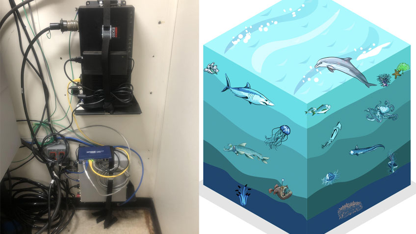Left: Image of the general purpose transceiver (GPT) (bottom, grey box) and the wide band transceiver (WBT) (top, black box) on NOAA Ship Okeanos Explorer. This WBT controls the 38 kilohertz frequency and was upgraded from a GPT in 2021. Right: Artist rendition of the water column which is divided into five zones from the surface to the seafloor. Each zone varies in pressure, light, temperature, oxygen, nutrients, and biological diversity.