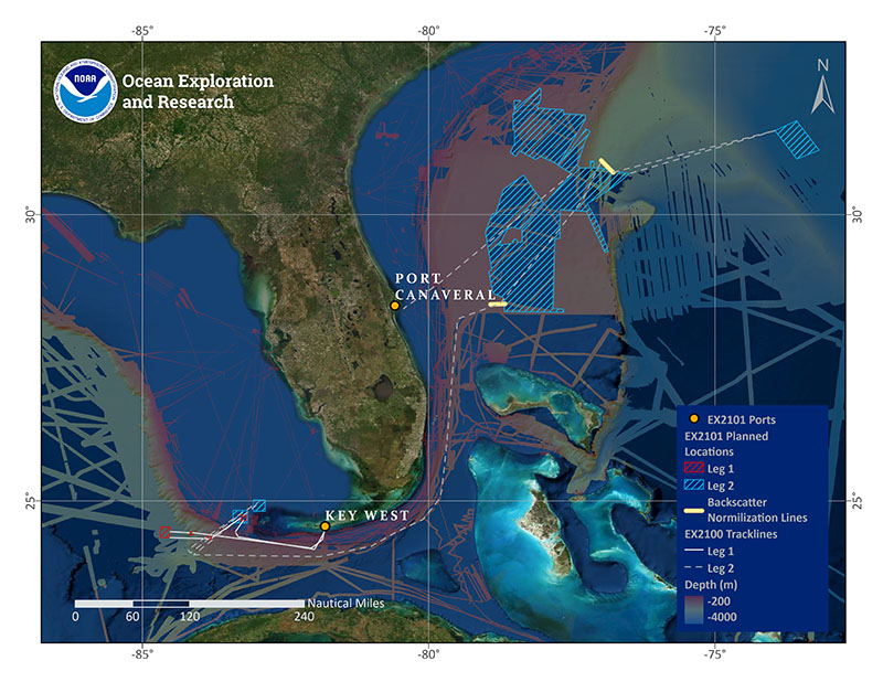 Map showing planned operations for the 2021 EM 304 Sea Acceptance Testing and Mapping Shakedown.