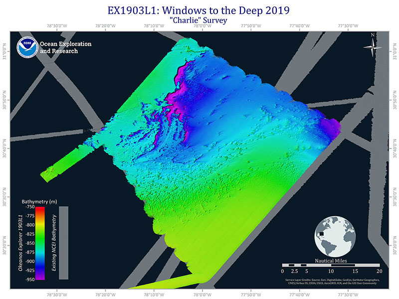 A survey area on the Central Blake Plateau, mapped during the first leg of the Windows to the Deep 2019 expedition. This area is home to distinct mound features, possibly giant mounds of stony corals.  Some of these may be targets for AUV deployments.