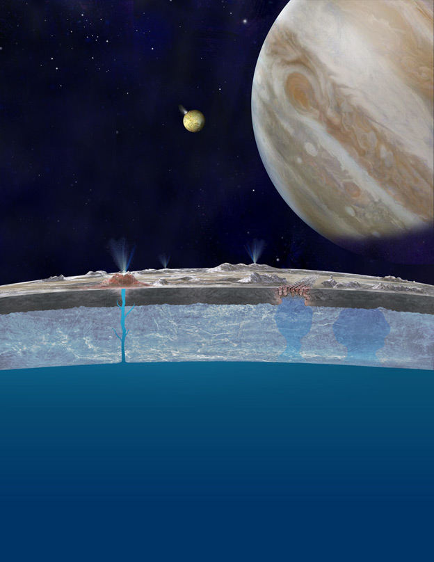 Figure 2: Artist's impression of the liquid water ocean beneath the ice shell of Europa with its parent, Jupiter, in the background.