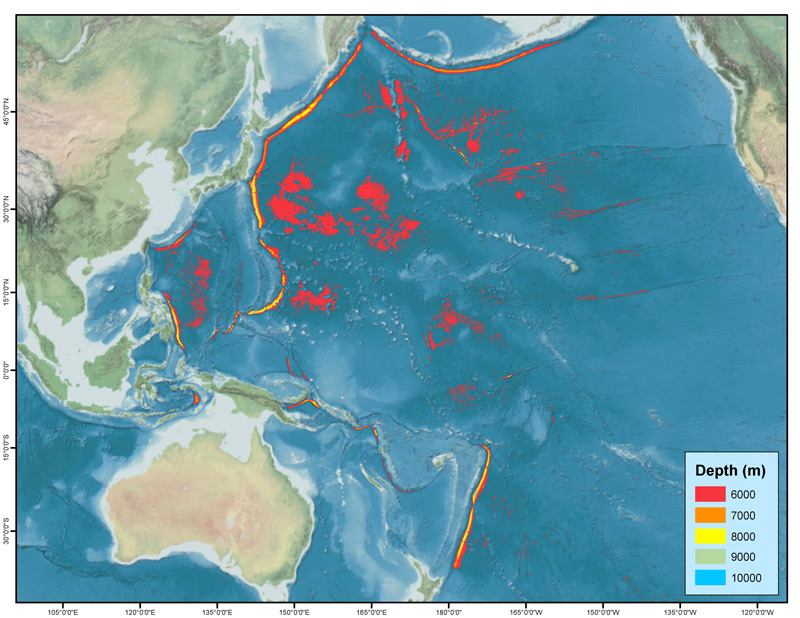 A map of hadal regions in the Pacific shows that most of the ocean’s deep seafloor does not lie in the long subducting trenches that border tectonic plates, but mid-basin, where very little exploration has occurred.