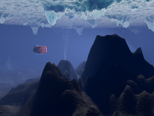Figure 1: Artist's impression of the autonomous underwater vehicle Nereid Under-Ice (NUI) navigating over the seafloor of an ice-covered ocean