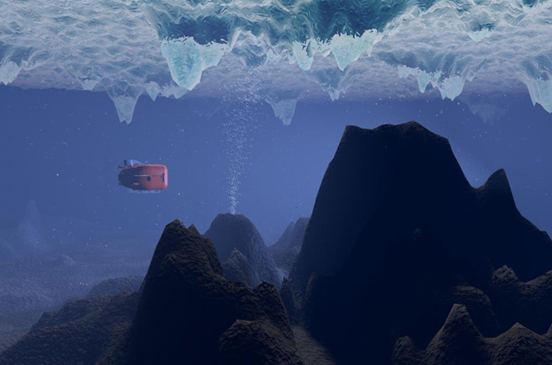 artist's impression of the autonomous underwater vehicle Nereid Under-Ice (NUI) navigating over the seafloor of an ice-covered ocean