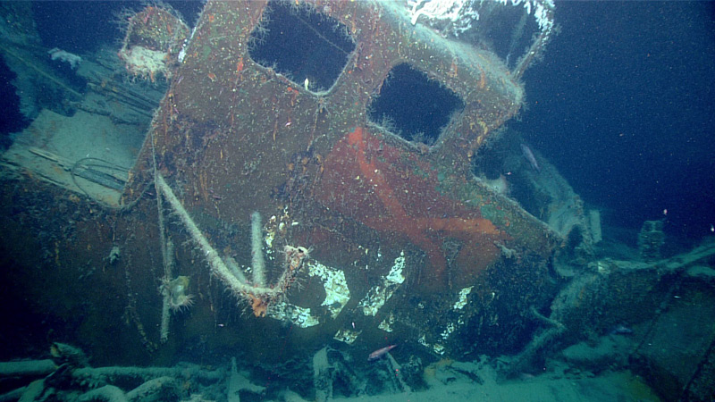 The shattered, partially crushed remains of a U.S. World War II-era submarine