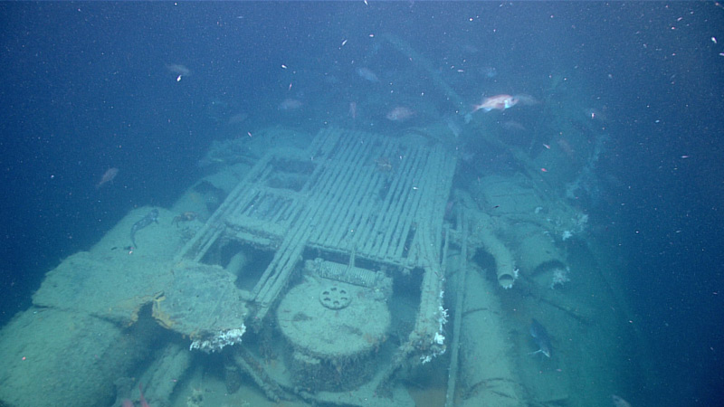 The smaller of the two targets turned out to be the stern section of USS Muskallunge, shown here with an escape hatch and preserved wood deck planking.