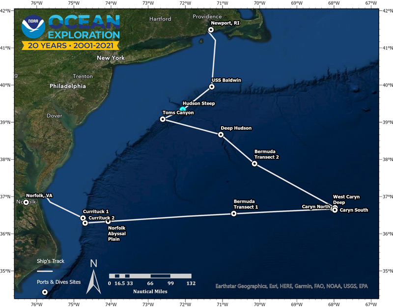 This map shows the general operating area and transects for NOAA Ocean Exploration’s 2021 ROV Shakedown expedition.