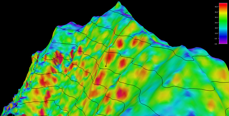 Image showing the dive track of Dive 01 of the 2021 North Atlantic Stepping Stones expedition. Scale is water depth in meters.