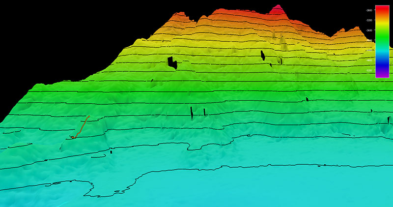 Image showing the dive track of Dive 05 of the 2021 North Atlantic Stepping Stones expedition. Scale is water depth in meters.
