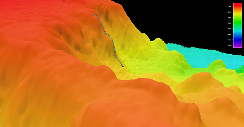 Image showing the dive track of Dive 12 of the 2021 North Atlantic Stepping Stones expedition. Scale is water depth in meters.