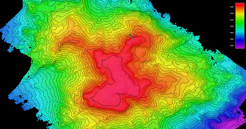 Image showing the dive track of Dive 14 of the 2021 North Atlantic Stepping Stones expedition. Scale is water depth in meters.