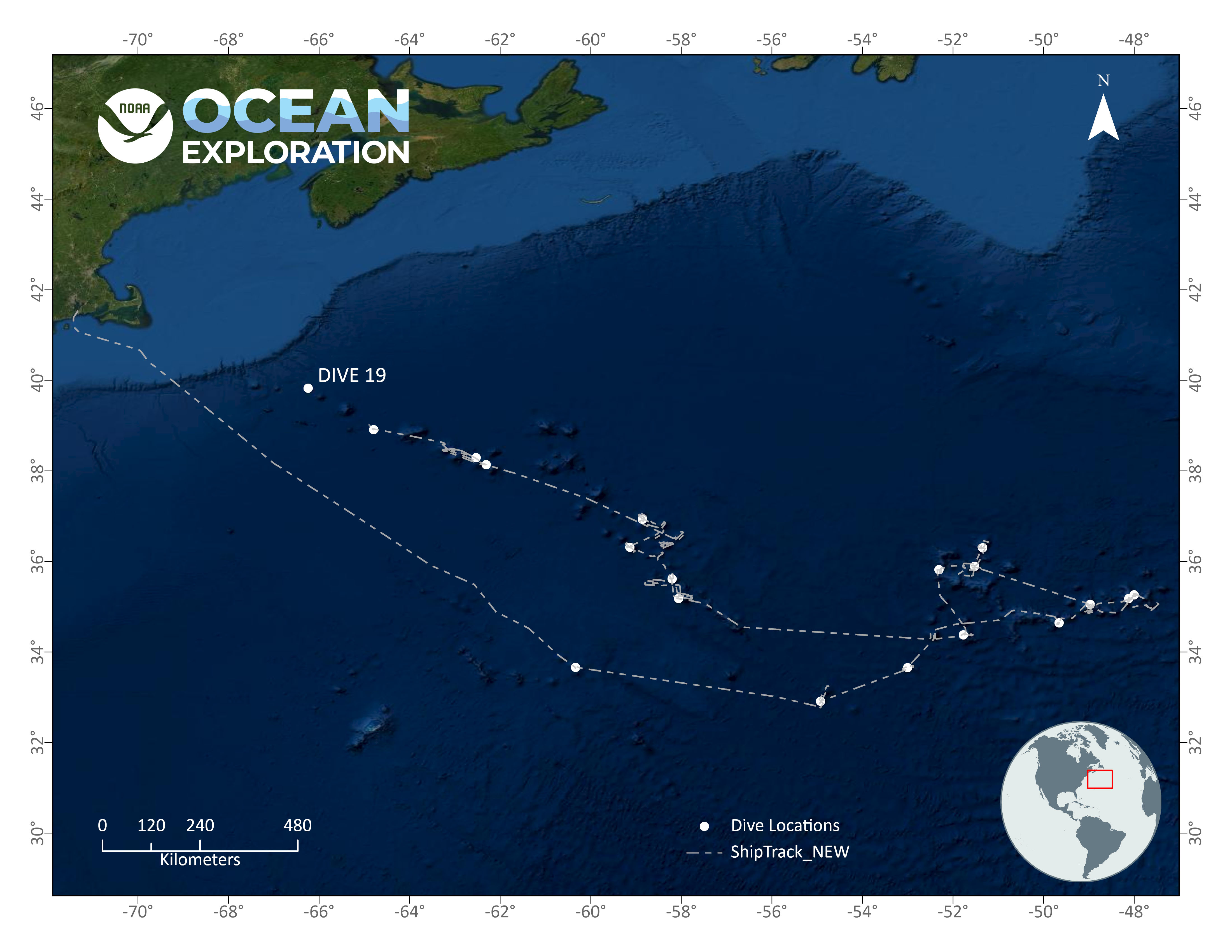 Location of Dive 19 of the 2021 North Atlantic Stepping Stones expedition on July 27, 2021.