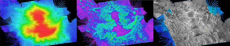 Dive planning products for Michael Seamount: bathymetry (left), slope (mid), backscatter (right).