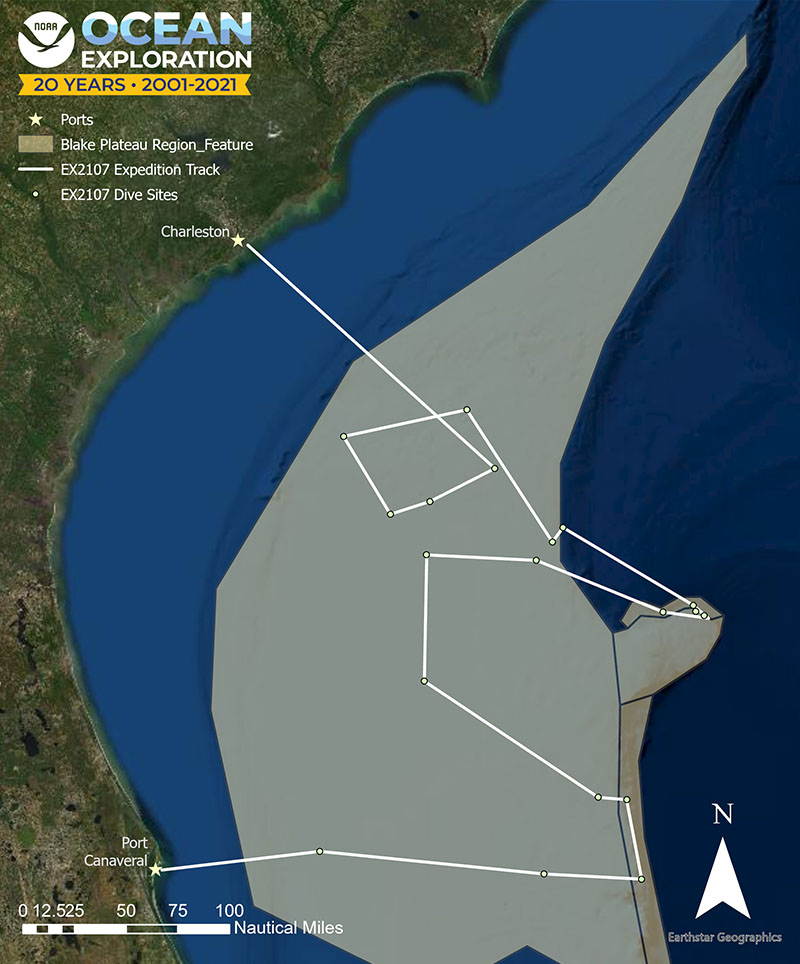 This map shows the Blake Plateau region overlaid with the expedition track (white line) and tentative remotely operated vehicle dive sites (dots) for the Windows to the Deep 2021: Southeast U.S. ROV and Mapping expedition.