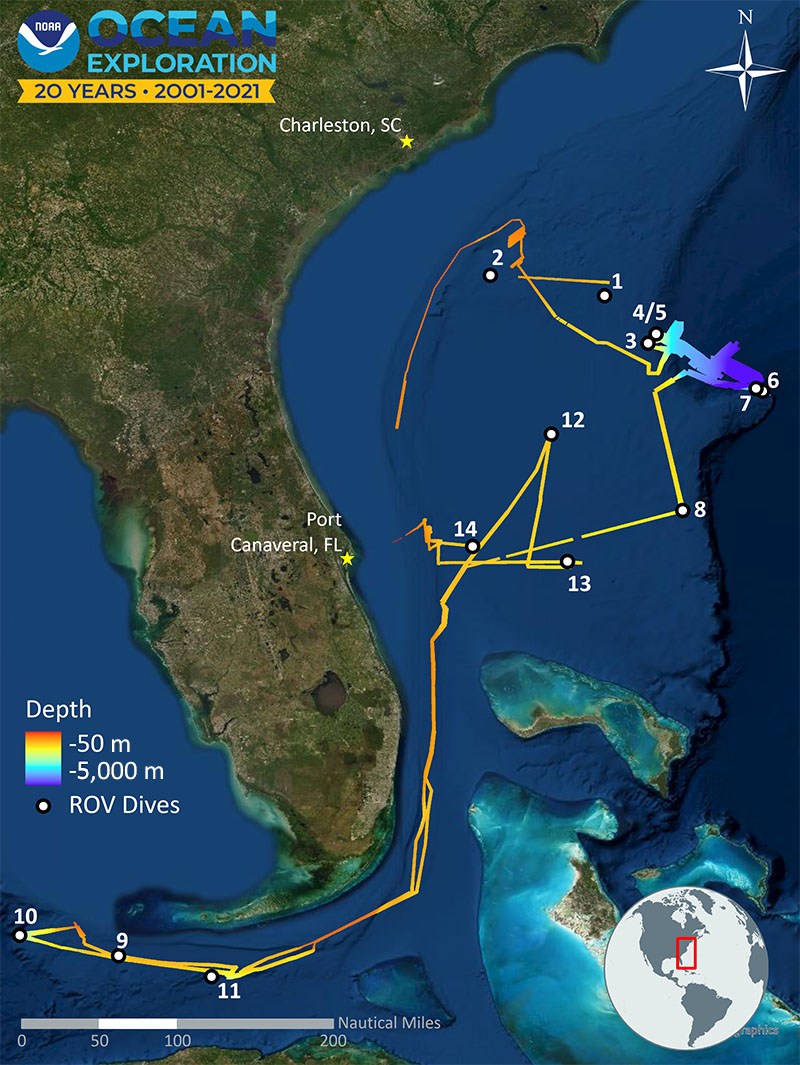 This map shows the Blake Plateau region overlaid with the mapping data collected (lines colored by depth) and remotely operated vehicle dive sites (dots) for the Windows to the Deep 2021: Southeast U.S. ROV and Mapping expedition as completed. Image courtesy of NOAA Ocean Exploration, Windows to the Deep 2021.