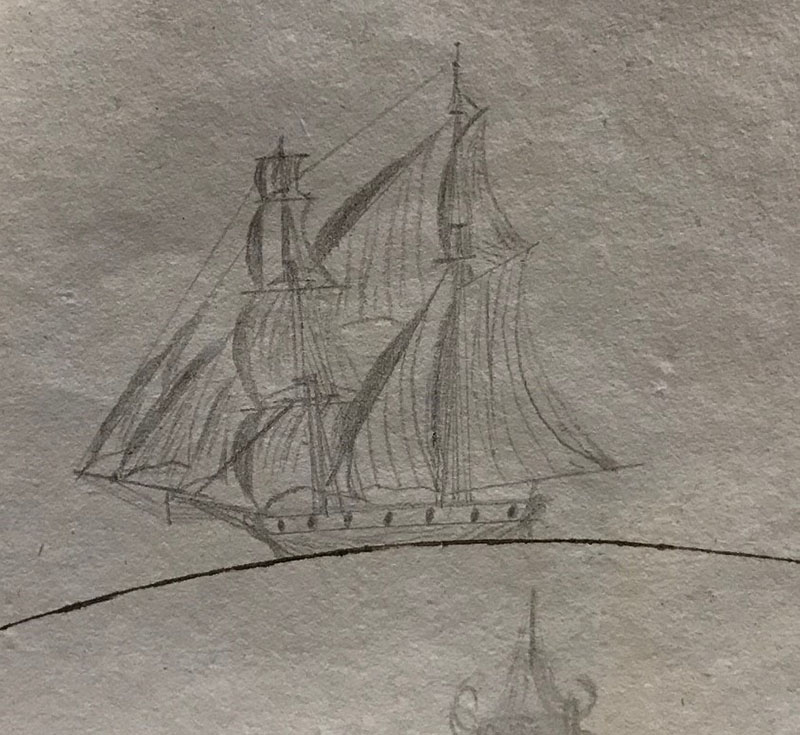 This sketch of the two-masted brig Industry is from the ship’s 1828 logbook.