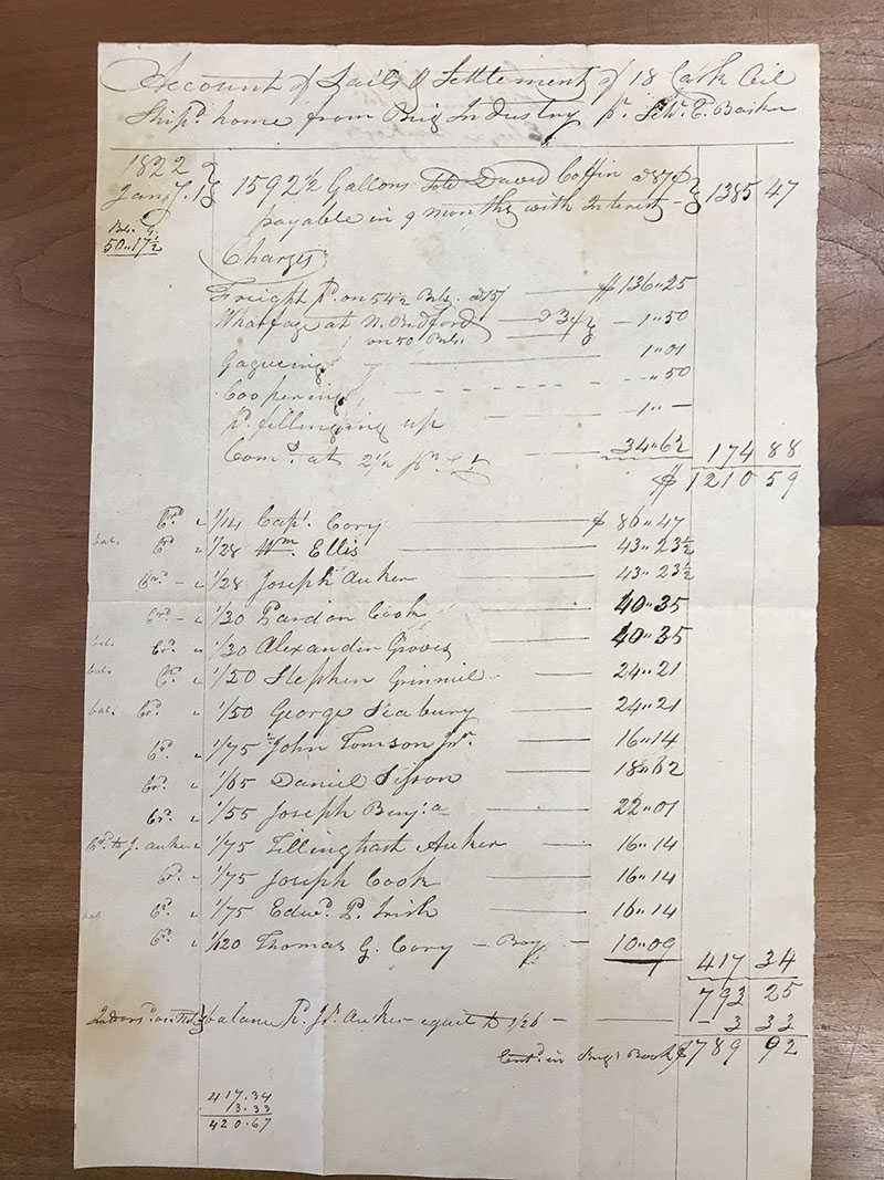 This 1822 settlement document for the brig Industry indicates payment due to Pardon Cook for his work aboard the whaler.