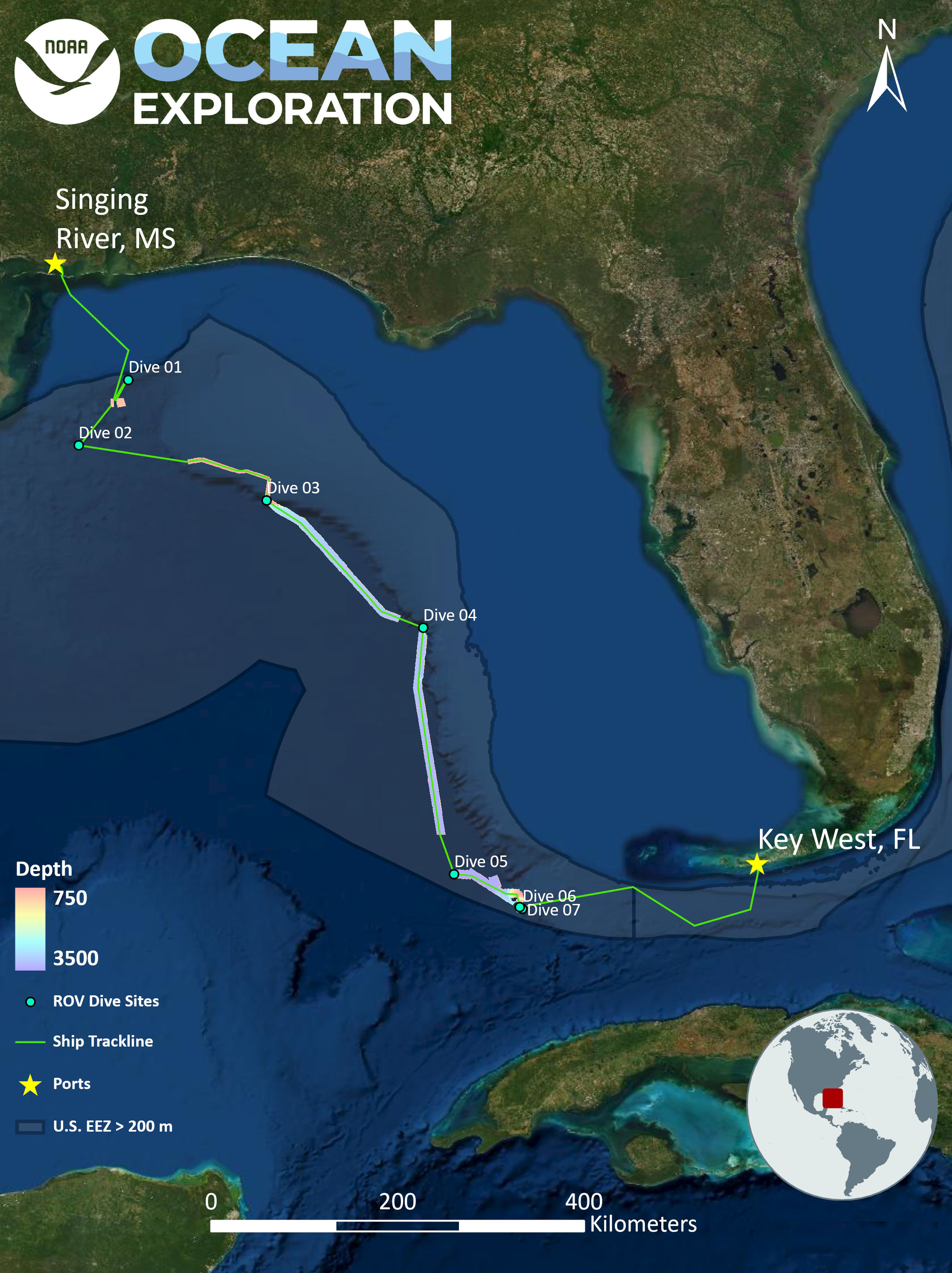 This map shows the mapping data collected (lines colored by depth) and remotely operated vehicle dive sites (green dots) for the 2022 ROV and Mapping Shakedown as completed.