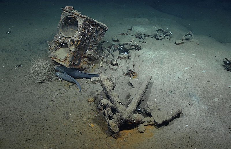 The artifacts shown here, including the tryworks and an anchor, helped confirm that the shipwreck explored during the February 25 dive is likely the remains of Industry, an historically significant 19th century whaler. 