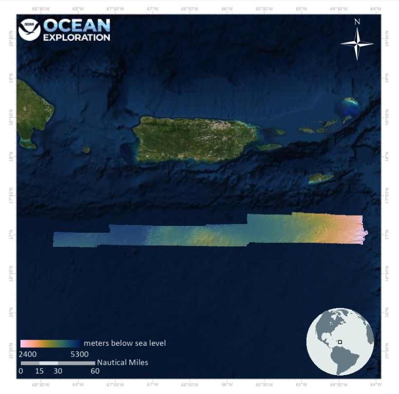 New bathymetric coverage in U.S. waters south of Puerto Rico collected during the 2022 Caribbean Mapping expedition.
