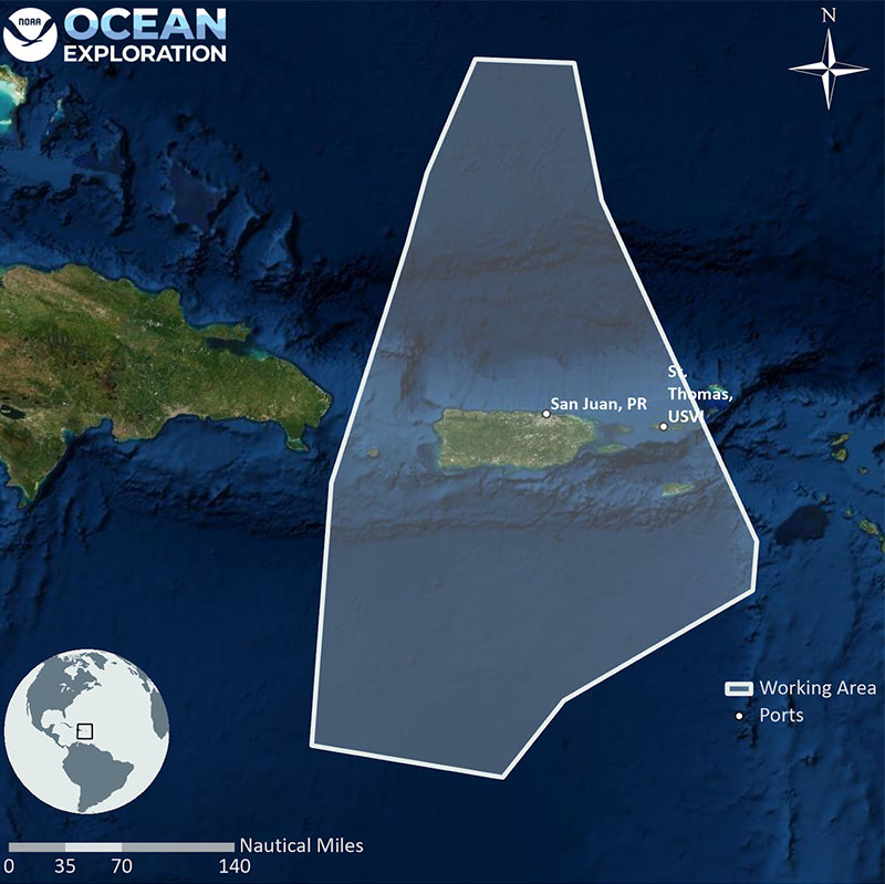 This map shows the general operating area in and around Puerto Rico for the 2022 Caribbean Mapping expedition.