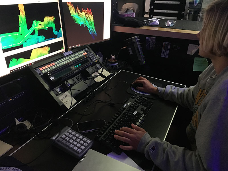 Explorer-in-Training Paige Hoel helps to fill seafloor mapping gaps off Puerto Rico, in U.S. waters off the U.S. East Coast, and in the high seas. Among her tasks is 'cleaning' multibeam sonar data to make sure they are correct, consistent, and usable.