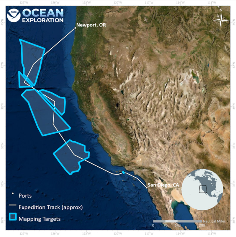 This map shows the general operating area along the coasts of California and Oregon for the EXPRESS: West Coast Mapping 2022 expedition, with the approximate track of NOAA Ship Okeanos Explorer shown as a white line and mapping targets outlined in blue.