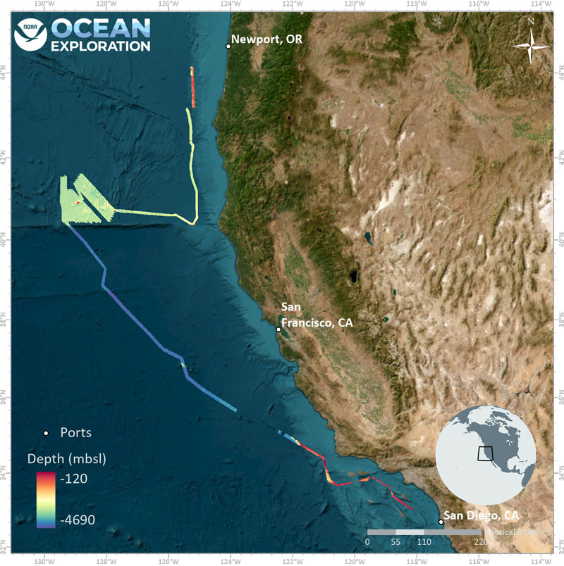Summary map of new bathymetry collected during EX2208. After transiting from San Diego, a targeted survey was conducted off the northern coast of California.