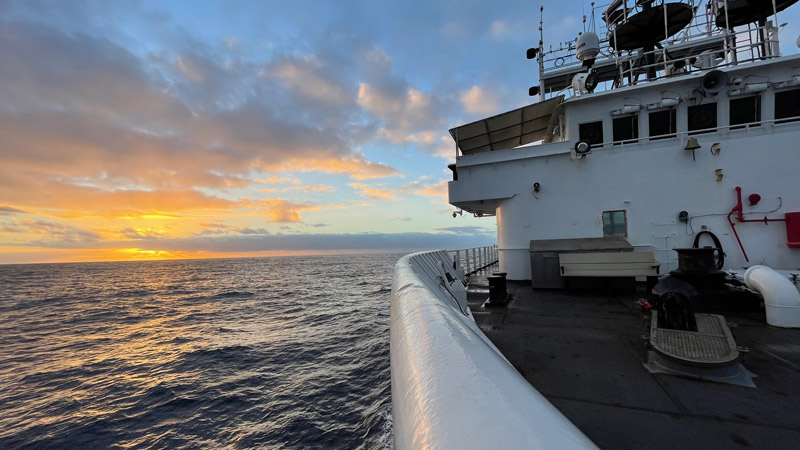 Sunset from the bow of NOAA Ship Okeanos Explorer during the EXPRESS: West Coast Mapping 2022 expedition.