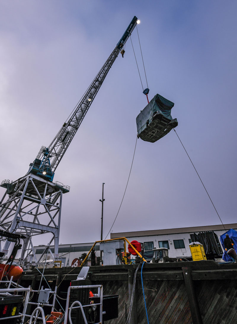 Remotely operated vehicle Deep Discoverer is loaded onto the back deck of NOAA Ship Okeanos Explorer prior to the start of the 2023 Shakedown + EXPRESS: West Coast Exploration expedition.