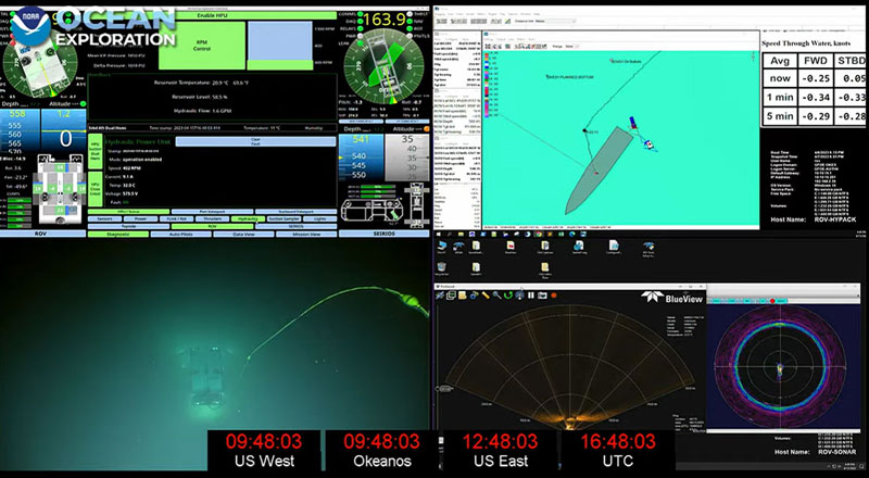 While the Global Foundation for Ocean Exploration engineers conducted their test on the remotely operated vehicle (ROV) systems during Dive 01 of the 2023 Shakedown + EXPRESS West Coast Exploration, we took some time to get reacquainted with the stream set up used during ROV dives. Shown here is the Camera 3 display, which provides information about ROV depth and settings as well as additional information to help orient the pilots.