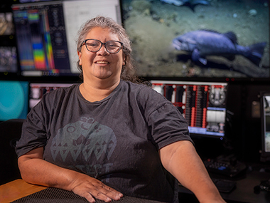 Mia Lopez from the Coastal Band of the Chumash Nation in the control room of NOAA Ship Okeanos Explorer.