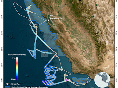 Map showing NOAA Ship Okeanos Explorer’s track map for the 2023 EXPRESS: Exploration of Central California Coast expedition along with the mapping data collected, the locations of the five autonomous underwater vehicle dives (two Mola Mola dives were in the same location), and the boundaries of the existing national marine sanctuaries.