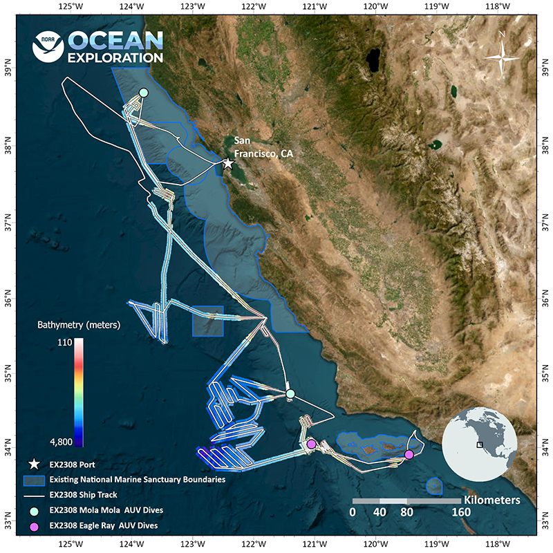 Map showing NOAA Ship Okeanos Explorer’s track map for the 2023 EXPRESS: Exploration of Central California Coast expedition (EX2308) along with the mapping data collected, the locations of the five autonomous underwater vehicle dives (two Mola Mola dives were in the same location), and the boundaries of the existing national marine sanctuaries.