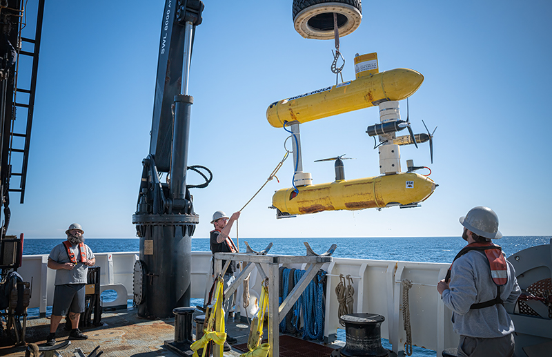 University of Southern Mississippi’s autonomous underwater vehicle Mola Mola being recovered after a dive by NOAA Ship Okeanos Explorer deck crew.
