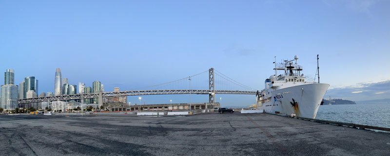 NOAA Ship Okeanos Explorer in port in San Francisco, California, prior to the start of the 2023 EXPRESS: West Coast Exploration (AUV and Mapping) expedition.