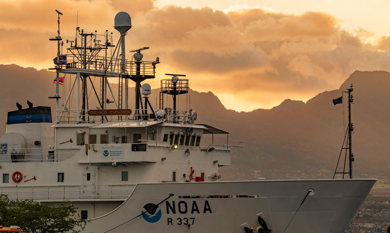NOAA Ship Okeanos Explorer docked at Ford Island in Honolulu, Hawai‘i, at the start of the first of the two expeditions.