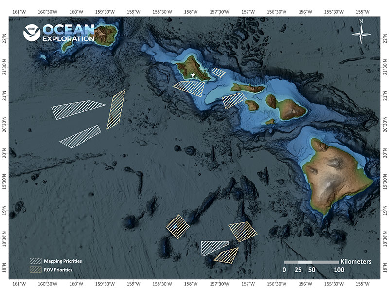 Topographic map of the Hawaiian archipelago with mapping and ROV priority areas marked.