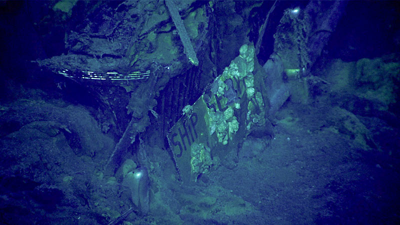 Underwater shipwreck with a barnacle-encrusted metal plate and submerged debris.