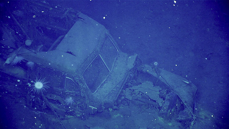 An underwater image of a decaying car on the ocean floor, surrounded by debris and marine life.