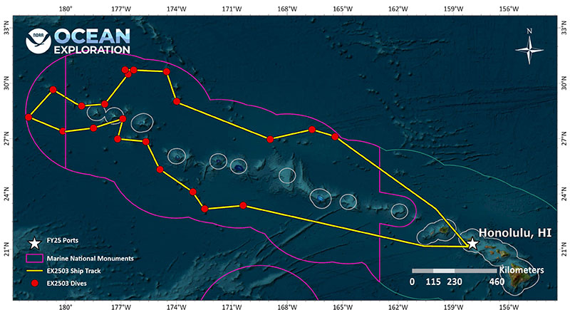 Map showing NOAA Ocean Exploration ship route and dive sites in the Pacific Ocean, with Marine National Monuments outlined.