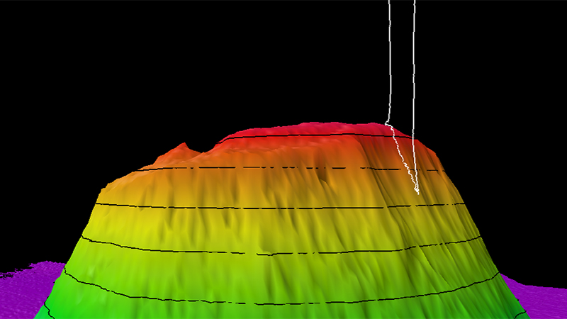 3D topographical map with color gradient from green to red, showing elevation changes.